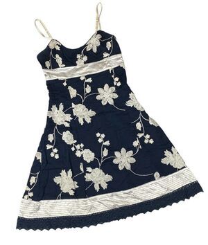 Varga Women L Navy Floral Embroidered Slip Dress 100% Cotton Strappy Knee Length